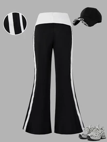 SHEIN 青少年女孩休閒返校校園風黑粉漸層極簡修身長褲 - 黑與白 - 查看 2