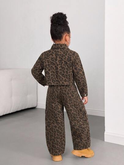Kids 2pcs/Set Young Girls Y2k Chic Cotton Leopard Print Denim Short Jacket& Jeans, Fall/Winter, For Young Girls School Clothes, Halloween , Winter