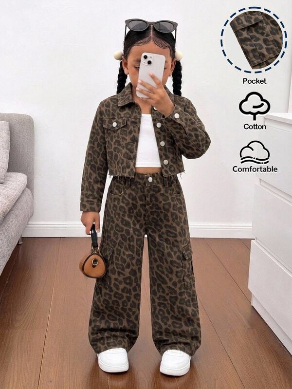 2pcs/Set Young Girls Y2k Chic Cotton Leopard Print Denim Short Jacket&Baggy Jeans, Fall/Winter, For Young Girls School Clothes, Halloween Outfits, Winter