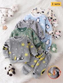 2pcs Newborn Round Neck Long Sleeve Long Pants Knit Comfortable Double-Sided Flannel Panda Cute Pattern, Grey, Best Gift For Newborns, Home Wear, Versatile Fashion, Best Choice - Grey - View 1