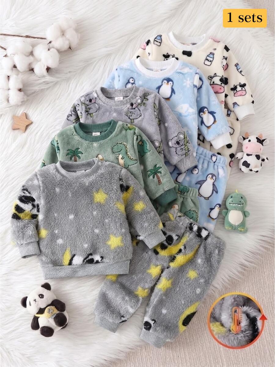 2pcs Newborn Round Neck Long Sleeve Long Pants Knit Comfortable Double-Sided Flannel Panda Cute Pattern, Grey, Best Gift For Newborns, Home Wear, Versatile Fashion, Best Choice - Grey - View 1