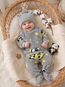 2pcs Newborn Round Neck Long Sleeve Long Pants Knit Comfortable Double-Sided Flannel Panda Cute Pattern, Grey, Best Gift For Newborns, Home Wear, Versatile Fashion, Best Choice - Grey - View 2