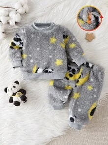 2pcs Newborn Round Neck Long Sleeve Long Pants Knit Comfortable Double-Sided Flannel Panda Cute Pattern, Grey, Best Gift For Newborns, Home Wear, Versatile Fashion, Best Choice - Grey - View 4
