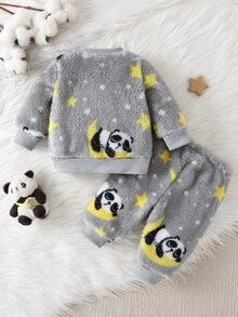 2pcs Newborn Round Neck Long Sleeve Long Pants Knit Comfortable Double-Sided Flannel Panda Cute Pattern, Grey, Best Gift For Newborns, Home Wear, Versatile Fashion, Best Choice - Grey - View 3