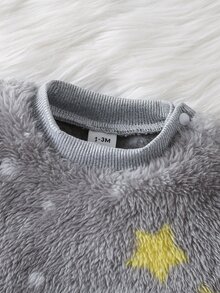 2pcs Newborn Round Neck Long Sleeve Long Pants Knit Comfortable Double-Sided Flannel Panda Cute Pattern, Grey, Best Gift For Newborns, Home Wear, Versatile Fashion, Best Choice - Grey - View 5