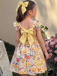 SHEIN 女童黃色格紋印花度假風可愛洋裝 - 黃色 - 查看 2