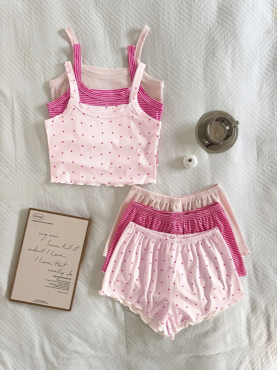 Napfluff 3sets In Women's Knit Ribbed Camisole Tank Top & Shorts Pajama Set - Multicolor - View 1