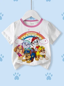SHEIN | PAW Patrol 少女字母卡通印花休閒日常短袖T恤 - 白色 - 查看 1
