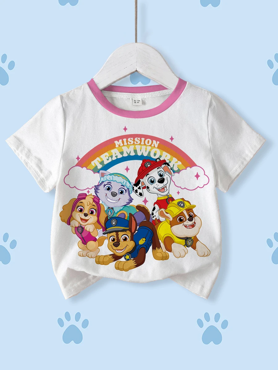 SHEIN | PAW Patrol 少女字母卡通印花休閒日常短袖T恤 - 白色 - 查看 1
