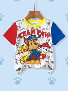 SHEIN | PAW Patrol 小男孩拼色拼接卡通印花T恤 - 白色 - 查看 1