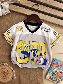 SpongeBob SquarePants | SHEIN 1pc Young Boy Summer Fun Casual Sports Style V-Neck Short Sleeve Cartoon Letter Print T-Shirt - Multicolor - View 3