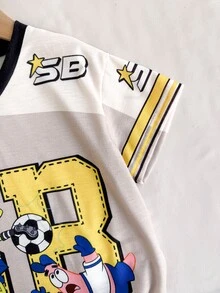 SpongeBob SquarePants | SHEIN 1pc Young Boy Summer Fun Casual Sports Style V-Neck Short Sleeve Cartoon Letter Print T-Shirt - Multicolor - View 6