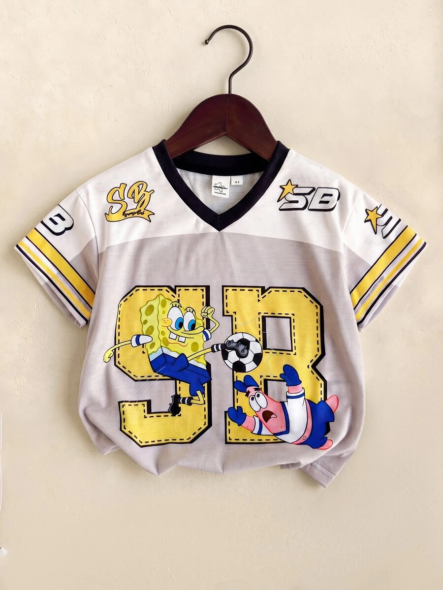 SpongeBob SquarePants | SHEIN 1pc Young Boy Summer Fun Casual Sports Style V-Neck Short Sleeve Cartoon Letter Print T-Shirt - Multicolor - View 1