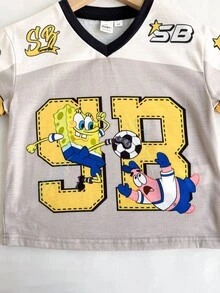 SpongeBob SquarePants | SHEIN 1pc Young Boy Summer Fun Casual Sports Style V-Neck Short Sleeve Cartoon Letter Print T-Shirt - Multicolor - View 7