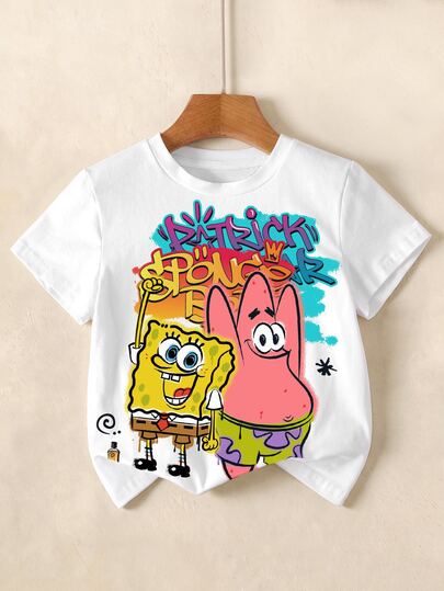SpongeBob SquarePants | SHEIN Young Boy Letter Cartoon Print Short Sleeve T-Shirt