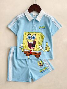 SpongeBob SquarePants | SHEIN 2pcs/Set Fun Casual Style Young Boy Polo Collar Short Sleeve T-Shirt & Shorts Comfortable Two Pieces Set - Multicolor - View 1