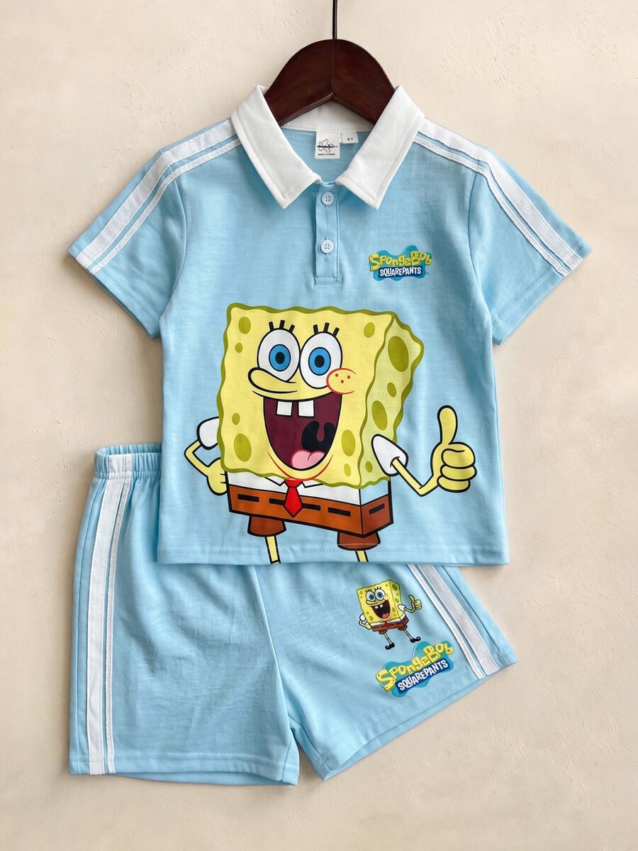 SpongeBob SquarePants | SHEIN 2pcs/Set Fun Casual Style Young Boy Polo Collar Short Sleeve T-Shirt & Shorts Comfortable Two Pieces Set - Multicolor - View 1