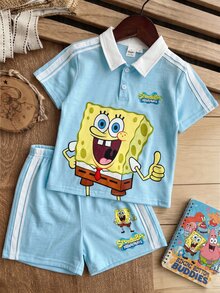 SpongeBob SquarePants | SHEIN 2pcs/Set Fun Casual Style Young Boy Polo Collar Short Sleeve T-Shirt & Shorts Comfortable Two Pieces Set - Multicolor - View 3