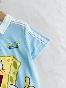 SpongeBob SquarePants | SHEIN 2pcs/Set Fun Casual Style Young Boy Polo Collar Short Sleeve T-Shirt & Shorts Comfortable Two Pieces Set - Multicolor - View 6