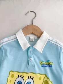 SpongeBob SquarePants | SHEIN 2pcs/Set Fun Casual Style Young Boy Polo Collar Short Sleeve T-Shirt & Shorts Comfortable Two Pieces Set - Multicolor - View 5