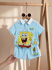 SpongeBob SquarePants | SHEIN 2pcs/Set Fun Casual Style Young Boy Polo Collar Short Sleeve T-Shirt & Shorts Comfortable Two Pieces Set - Multicolor - View 4