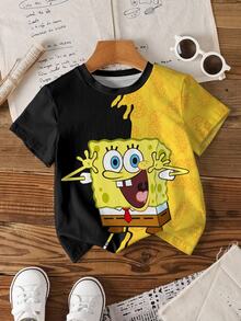 SpongeBob SquarePants | SHEIN Young Boy Cartoon Print Colorblock Crew Neck Short Sleeve Casual T-Shirt - White - View 3