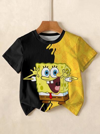 SpongeBob SquarePants | SHEIN Young Boy Cartoon Print Colorblock Crew Neck Short Sleeve Casual T-Shirt