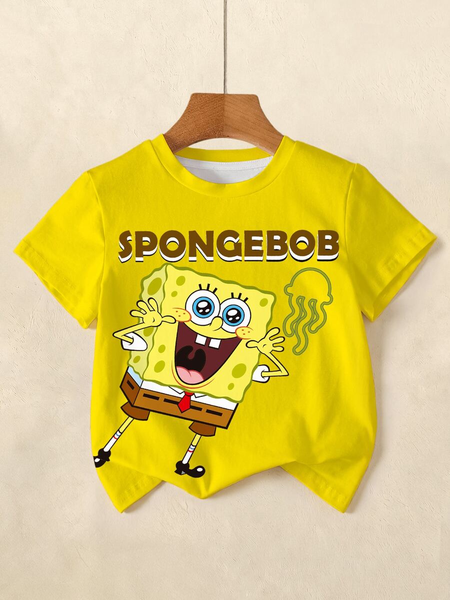 SpongeBob SquarePants | SHEIN 小男孩短袖可愛卡通印花圓領T恤 - 白色 - 查看 1