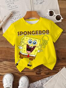 SpongeBob SquarePants | SHEIN 小男孩短袖可愛卡通印花圓領T恤 - 白色 - 查看 3