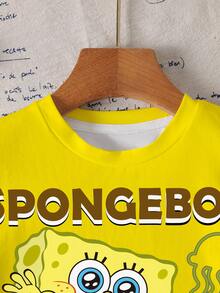 SpongeBob SquarePants | SHEIN 小男孩短袖可愛卡通印花圓領T恤 - 白色 - 查看 4