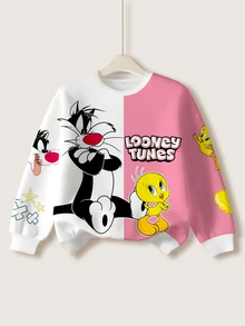 LOONEY TUNES X SHEIN 少女休闲时尚街头风可爱卡通字母印花撞色宽松保暖抓绒套头卫衣，秋冬季 - 白色 - 查看 1