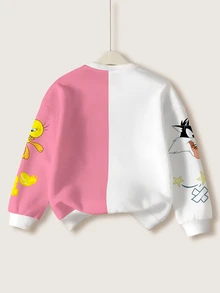 LOONEY TUNES X SHEIN 少女休闲时尚街头风可爱卡通字母印花撞色宽松保暖抓绒套头卫衣，秋冬季 - 白色 - 查看 2