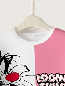 LOONEY TUNES X SHEIN 少女休闲时尚街头风可爱卡通字母印花撞色宽松保暖抓绒套头卫衣，秋冬季 - 白色 - 查看 3