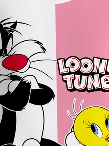 LOONEY TUNES X SHEIN 少女休闲时尚街头风可爱卡通字母印花撞色宽松保暖抓绒套头卫衣，秋冬季 - 白色 - 查看 4