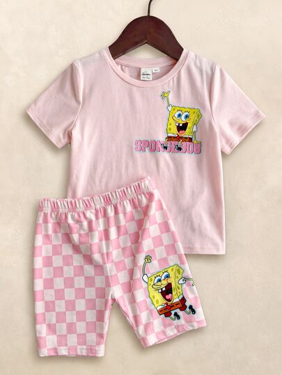 SpongeBob SquarePants | SHEIN Young Girl Cartoon Print T-Shirt And Checkerboard Print Shorts Set