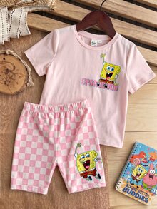 SpongeBob SquarePants | SHEIN 少女卡通印花T恤與棋盤格印花短褲套裝 - 彩色 - 查看 3