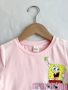 SpongeBob SquarePants | SHEIN 少女卡通印花T恤與棋盤格印花短褲套裝 - 彩色 - 查看 5