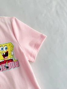 SpongeBob SquarePants | SHEIN 少女卡通印花T恤與棋盤格印花短褲套裝 - 彩色 - 查看 6