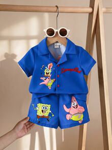 SpongeBob SquarePants | SHEIN Conjunto casual de camisa de manga corta con botones y pantalones cortos para bebé niño - Azul Marino - Ver 4