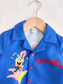SpongeBob SquarePants | SHEIN Conjunto casual de camisa de manga corta con botones y pantalones cortos para bebé niño - Azul Marino - Ver 5