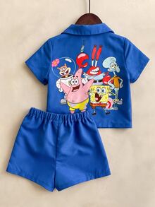 SpongeBob SquarePants | SHEIN Conjunto casual de camisa de manga corta con botones y pantalones cortos para bebé niño - Azul Marino - Ver 2
