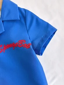 SpongeBob SquarePants | SHEIN Conjunto casual de camisa de manga corta con botones y pantalones cortos para bebé niño - Azul Marino - Ver 6