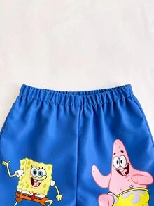 SpongeBob SquarePants | SHEIN Conjunto casual de camisa de manga corta con botones y pantalones cortos para bebé niño - Azul Marino - Ver 7