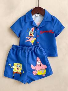 SpongeBob SquarePants | SHEIN Conjunto casual de camisa de manga corta con botones y pantalones cortos para bebé niño - Azul Marino - Ver 1