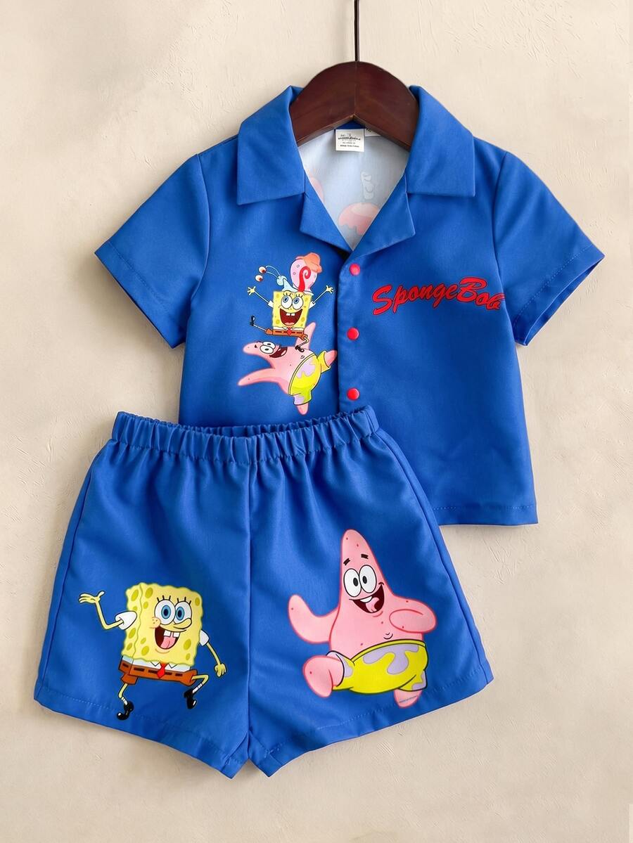 SpongeBob SquarePants | SHEIN Conjunto casual de camisa de manga corta con botones y pantalones cortos para bebé niño - Azul Marino - Ver 1