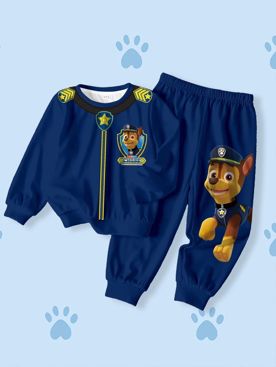 SHEIN | PAW Patrol 小男孩字母卡通印花長袖衛衣與運動長褲休閒日常套裝 - 白色 - 查看 1