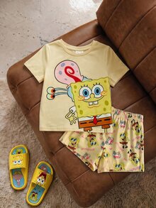 SpongeBob SquarePants | SHEIN Young Girl Cartoon Print Round Neck Short Sleeve Top And Shorts Casual Loungewear Set - Yellow - View 4
