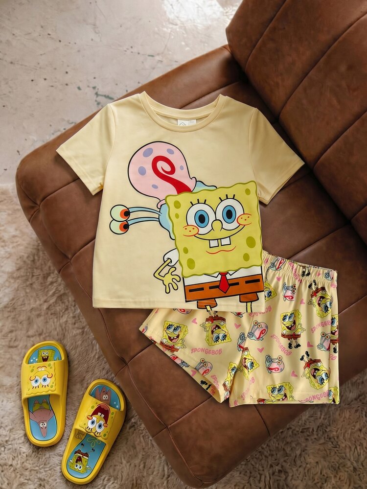 SpongeBob SquarePants | SHEIN 女童卡通印花圆领短袖上衣和短裤休闲家居服套装 - 黃色 - 查看 4