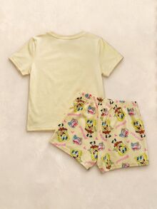 SpongeBob SquarePants | SHEIN Young Girl Cartoon Print Round Neck Short Sleeve Top And Shorts Casual Loungewear Set - Yellow - View 2