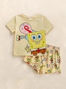 SpongeBob SquarePants | SHEIN Young Girl Cartoon Print Round Neck Short Sleeve Top And Shorts Casual Loungewear Set - Yellow - View 1